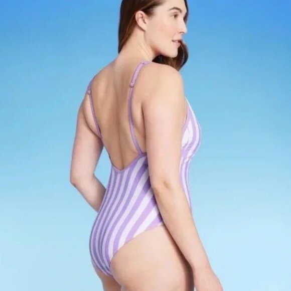 Kona Sol V-Neck StripedOver the Shoulder High Leg One Piece Swimsuit | XL | NWOT - Picture 2 of 7